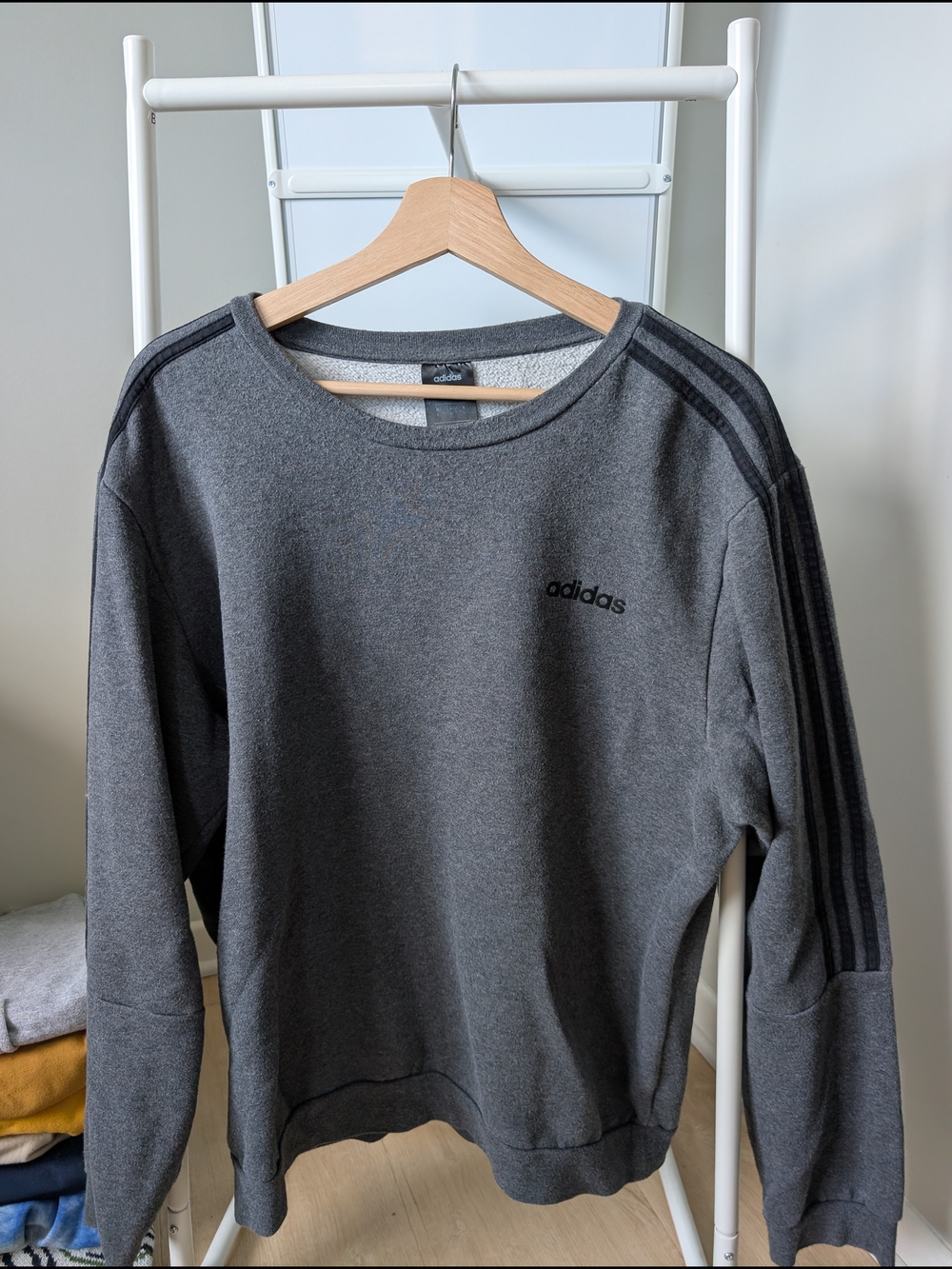 adidas Dark Gray Crewneck Sweatshirt with Three-Stripe Sleeve Detail
